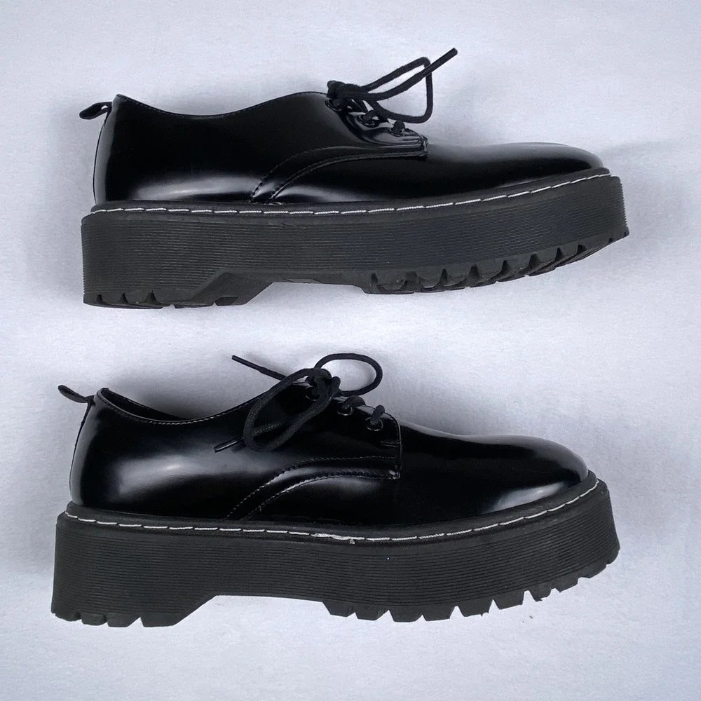 Pop Black Patent Lace Up Platform Lug Sole Oxford Shoes Womens Size 8.5